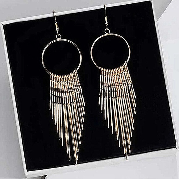 Gold Large Tassel Drop Earrings - Picture 3 of 6